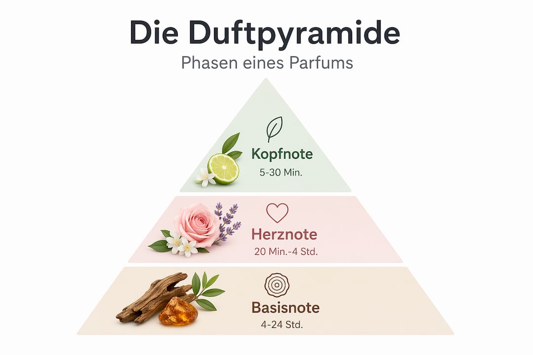 Grafik zur Duftstruktur: Die drei Ebenen – Kopfnote, Herznote und Basisnote – im Überblick.
