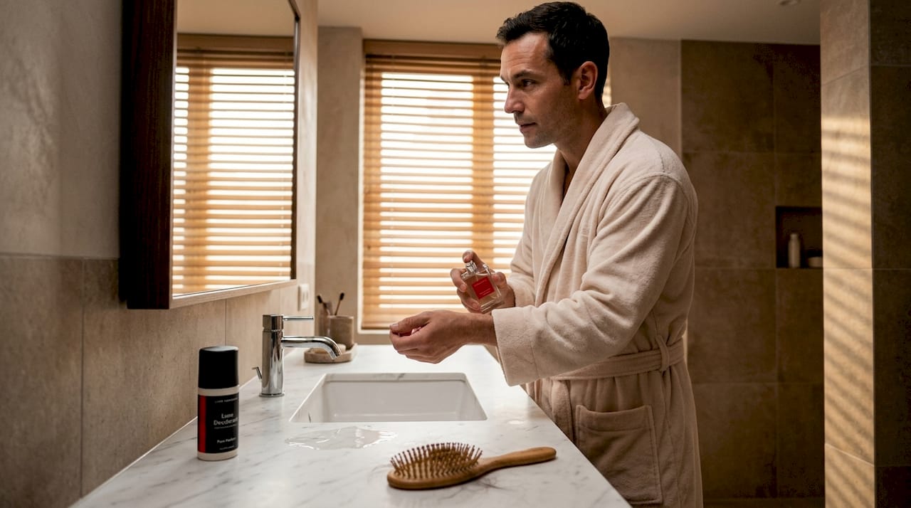 Een man sprayt parfum op zijn pols terwijl hij in de badkamer staat.