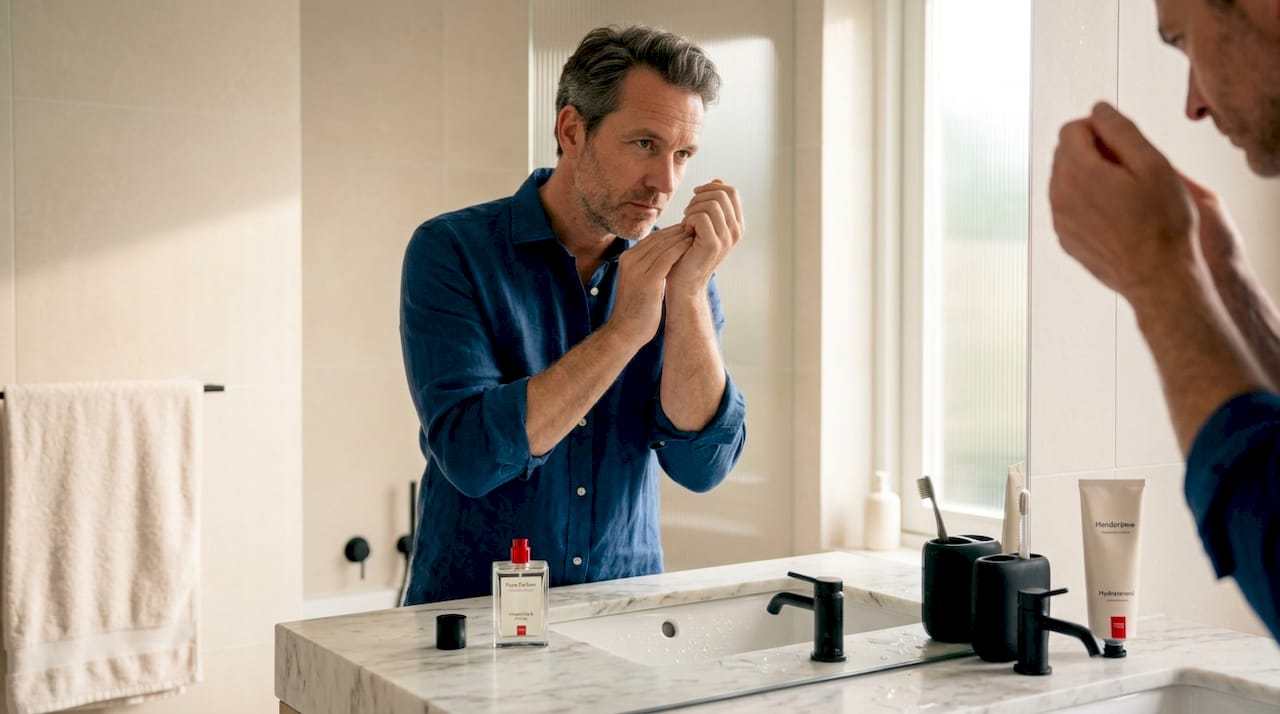 Een man sprayt parfum op zijn polsen.