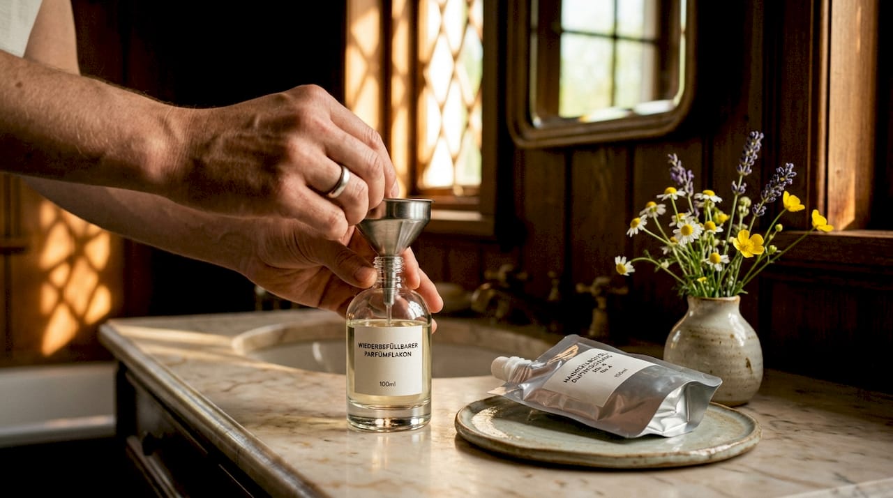 Eine Person füllt Parfum vorsichtig in einen eleganten Glasflakon.