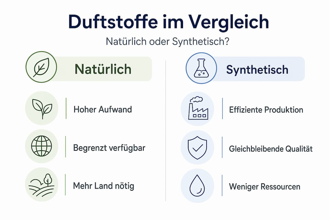 In dieser Infografik werden natürliche und synthetische Duftstoffe gegenübergestellt.