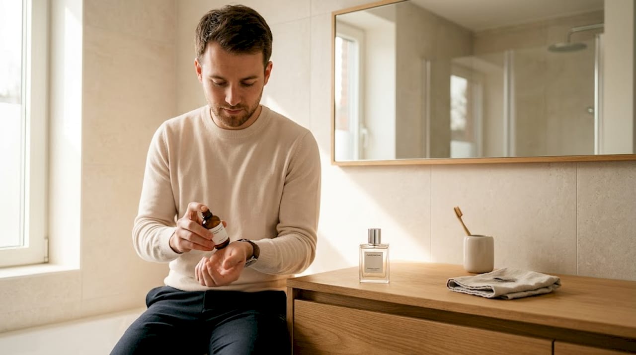 Een man smeert zich in met bodylotion en brengt vervolgens wat parfum aan.