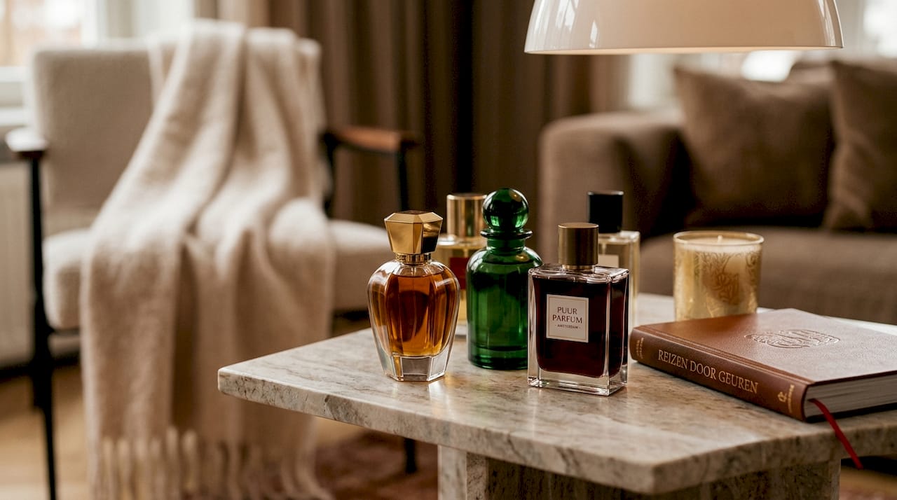Een sfeervolle close-up van stijlvolle parfumflesjes op een mooi ingerichte kaptafel.