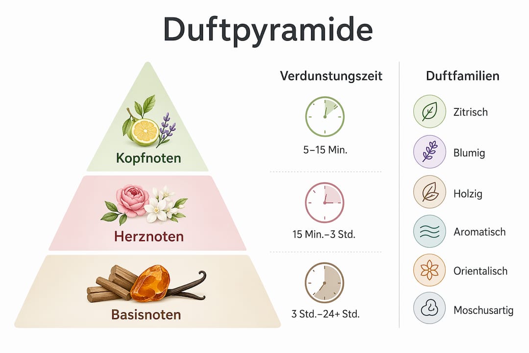 Grafik zur Duftpyramide mit den jeweiligen Duftnoten