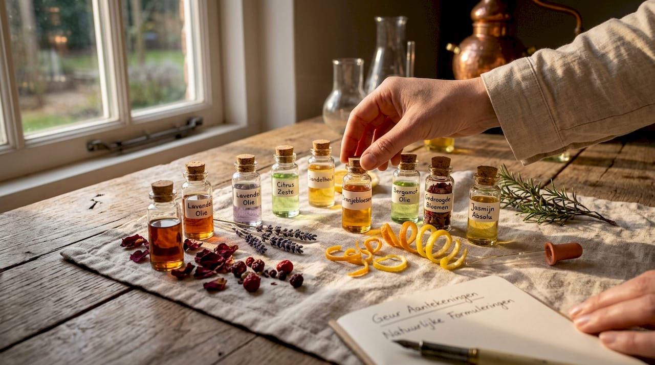 Natuurlijke parfumgrondstoffen in elegante glazen flesjes