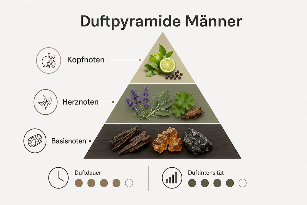Übersicht: Die Duftpyramide und typische Duftnoten in Herrendüften auf einen Blick