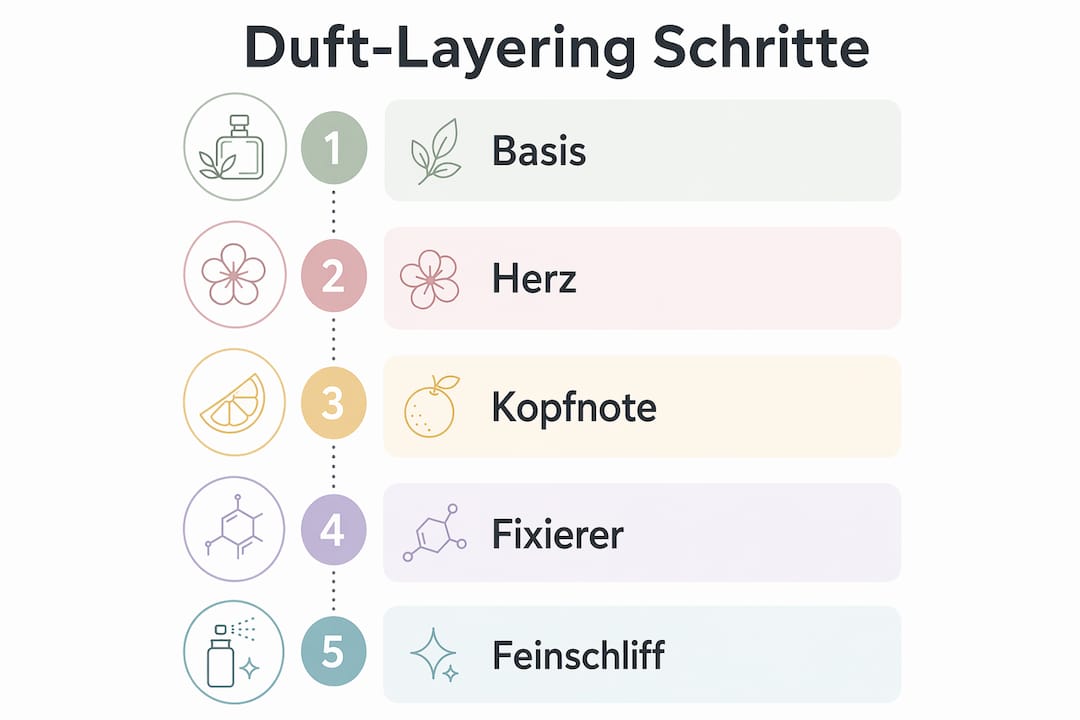 Die Infografik veranschaulicht, wie man Duftschichten richtig aufbaut.