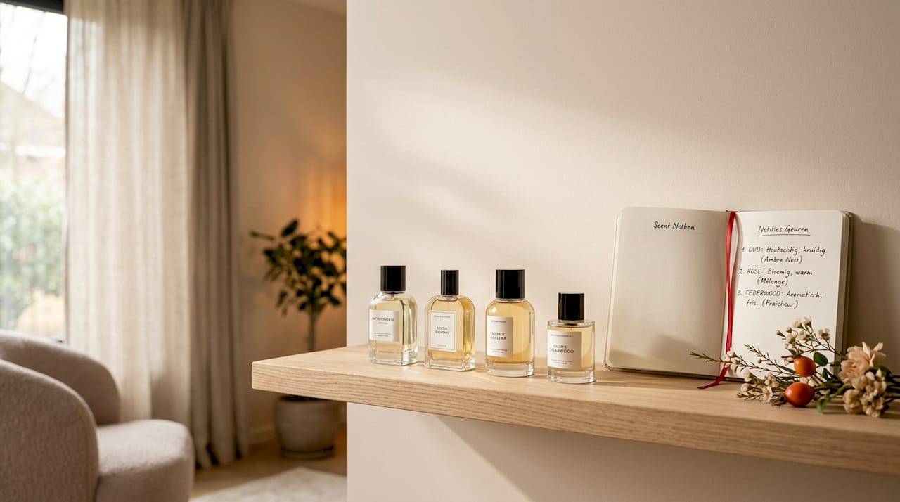 Een verzameling parfumflesjes uitgestald op een houten plank