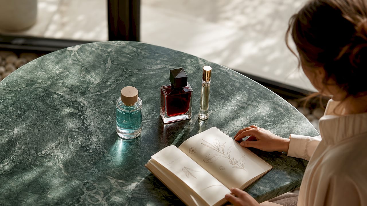 Drie flesjes parfum met verschillende concentraties staan dichtbij elkaar op tafel