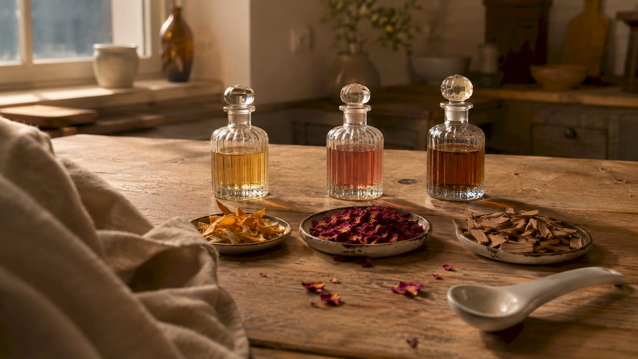 Bovenaanzicht van een houten tafel met ingrediënten voor parfumnoten