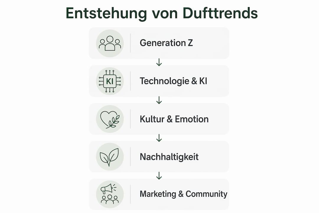 Eine Infografik veranschaulicht, wie neue Dufttrends entstehen und sich entwickeln.