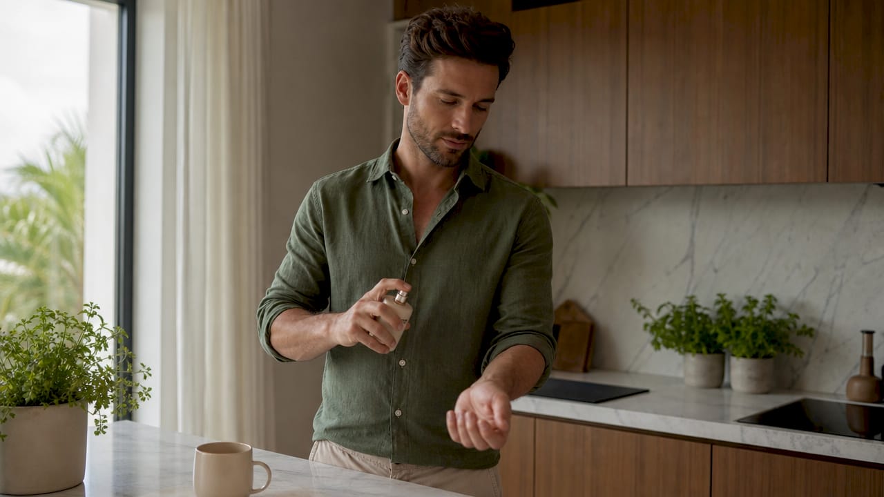 Detailopname van handen die een mannenparfum verstuiven