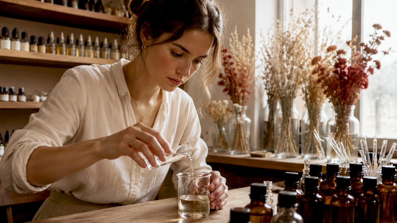 Close-up van handen die parfumingrediënten zorgvuldig mengen