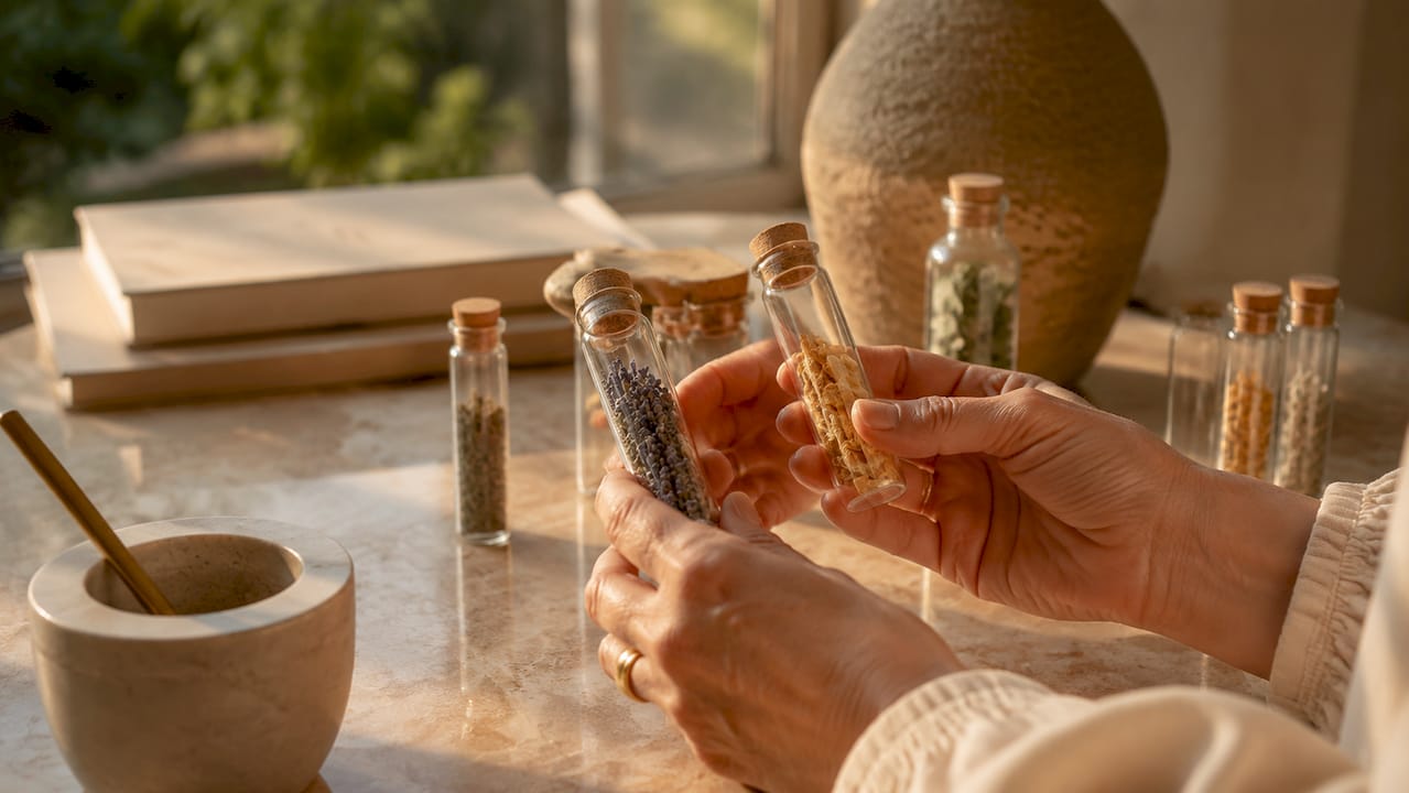 Handen die flesjes met natuurlijke parfumgrondstoffen vasthouden
