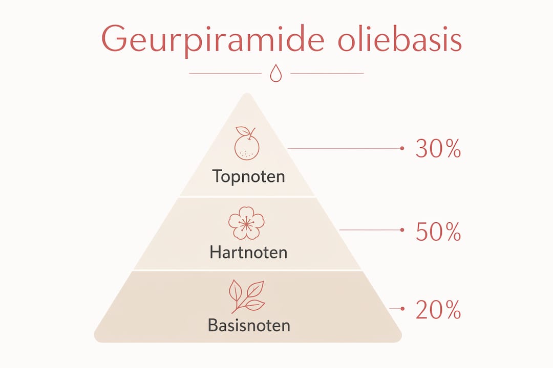 Overzichtelijke geurpiramide met de verschillende lagen: topnoten, hartnoten en basisnoten.