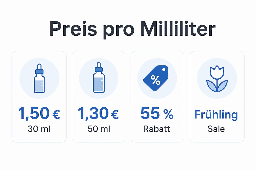 Übersichtsgrafik: Preis pro Milliliter und Aktionszeiträume auf einen Blick
