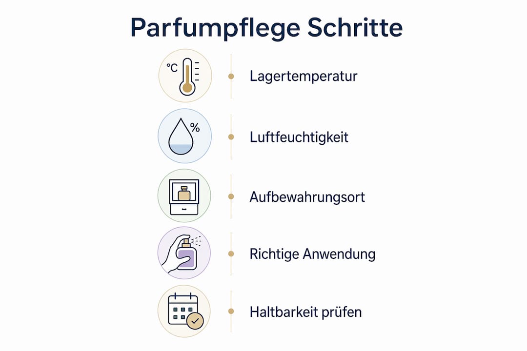 Diese Infografik fasst die wichtigsten Tipps zur richtigen Pflege von Parfüm übersichtlich zusammen.