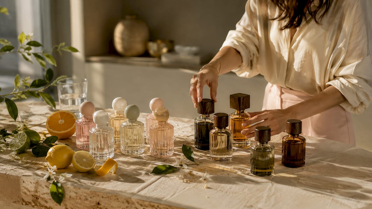 Parfumflacons geordend op geurfamilie
