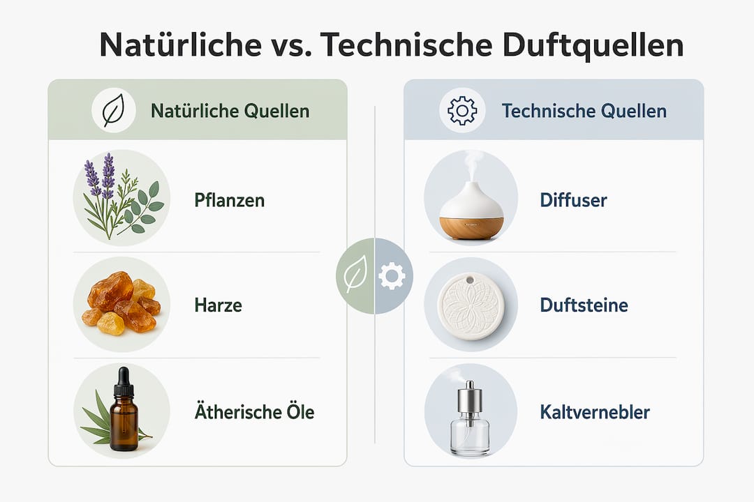 Die Infografik veranschaulicht den Unterschied zwischen natürlichen und künstlichen Duftquellen.