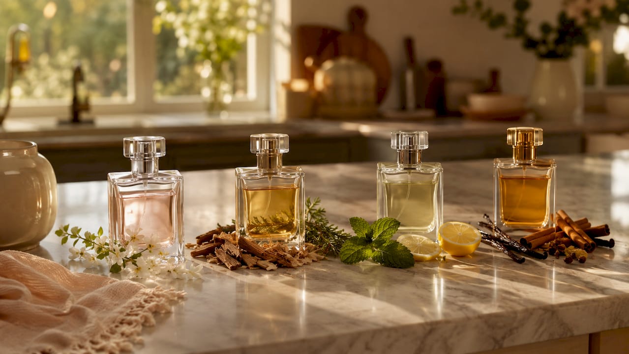 Sfeervolle flatlay van parfumflesjes omringd door geurige ingrediënten