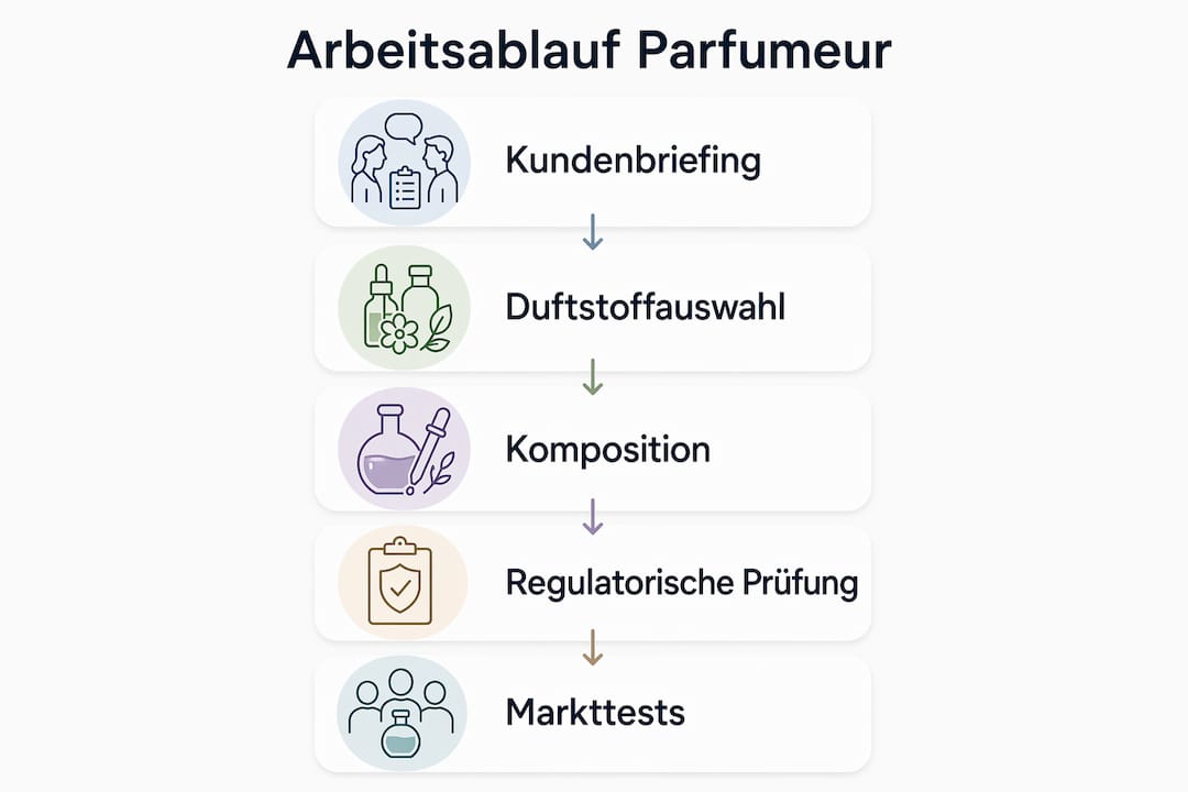 Grafische Darstellung: So entsteht ein Duft – der Arbeitsprozess eines Parfümeurs im Überblick