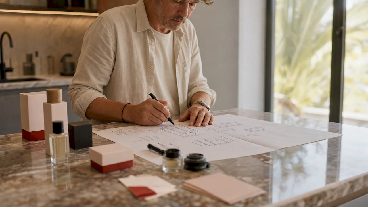 Een ontwerper maakt schetsen van de verschillende lagen van een parfumverpakking.