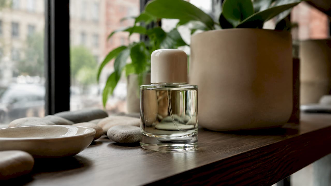 Detailopname van een uniseks parfumflesje in een winkel