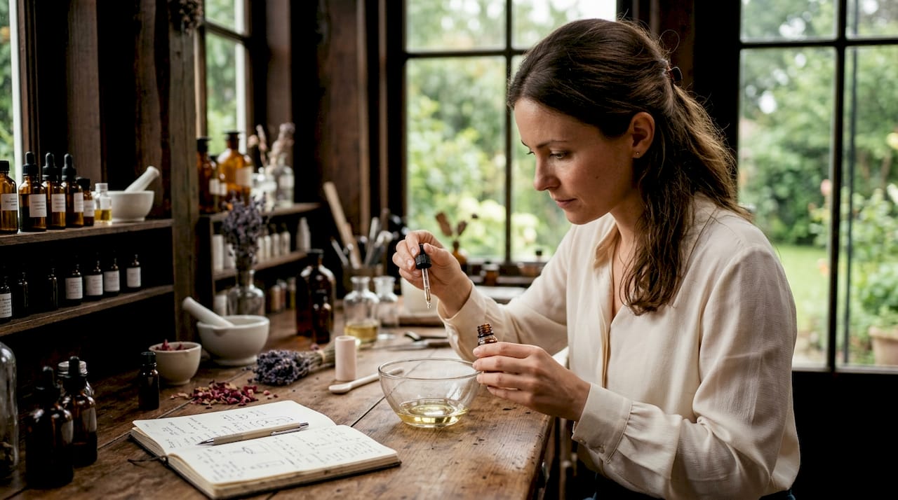 Een parfumeur stelt in zijn atelier zorgvuldig een geur samen door verschillende ingrediënten te mengen.