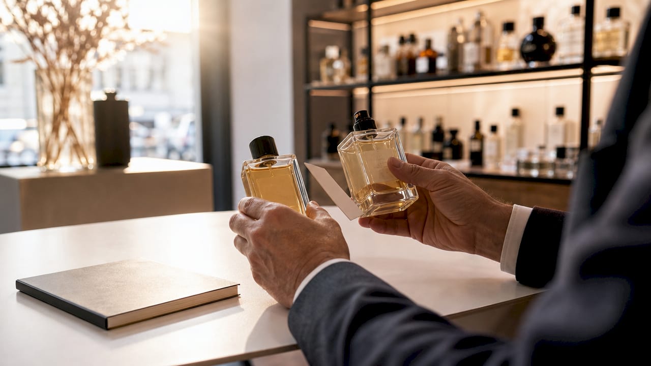 Zwei Hände halten verschiedene Parfümflakons und vergleichen die Duftnoten miteinander.