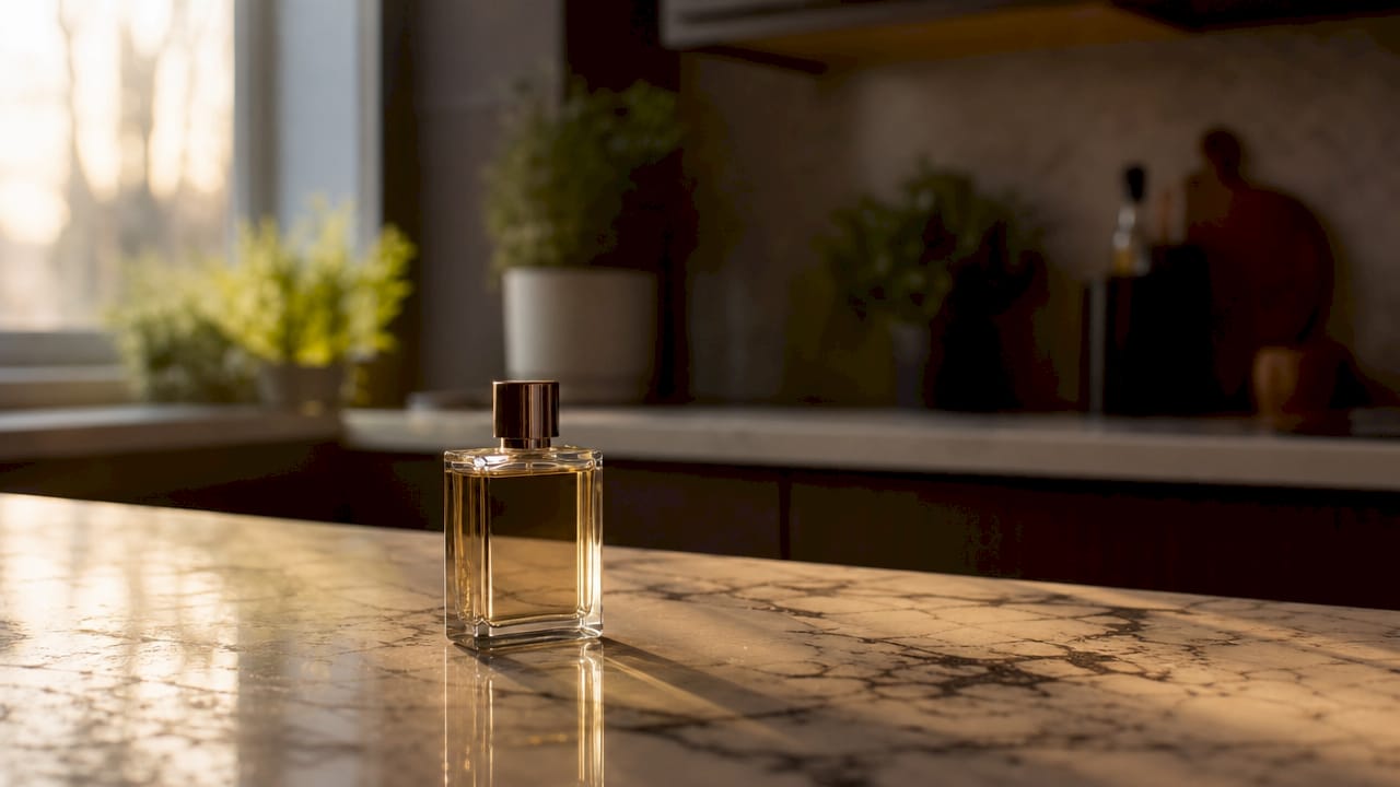 Parfumflakon im warmen Sonnenlicht aus nächster Nähe aufgenommen