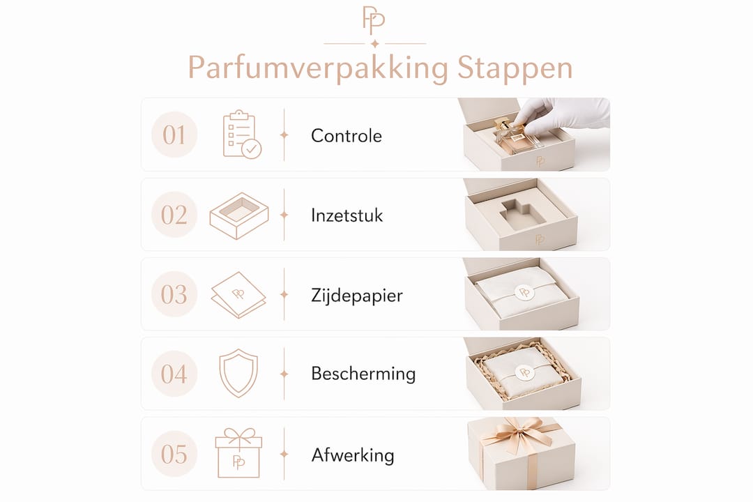 Overzichtelijke infographic: het verpakkingsproces van parfum stap voor stap uitgelegd