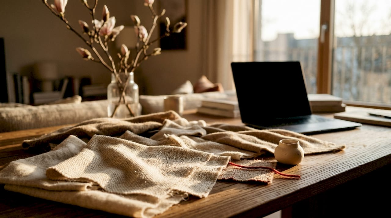 Natuurlijke materialen besprenkeld met een fijne parfumnevel op een houten tafel