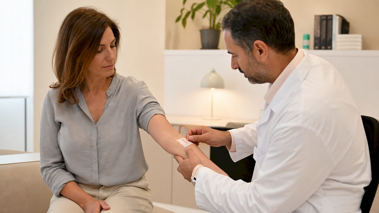 Een dermatoloog brengt een plaktest aan om te onderzoeken of iemand allergisch reageert op parfum.