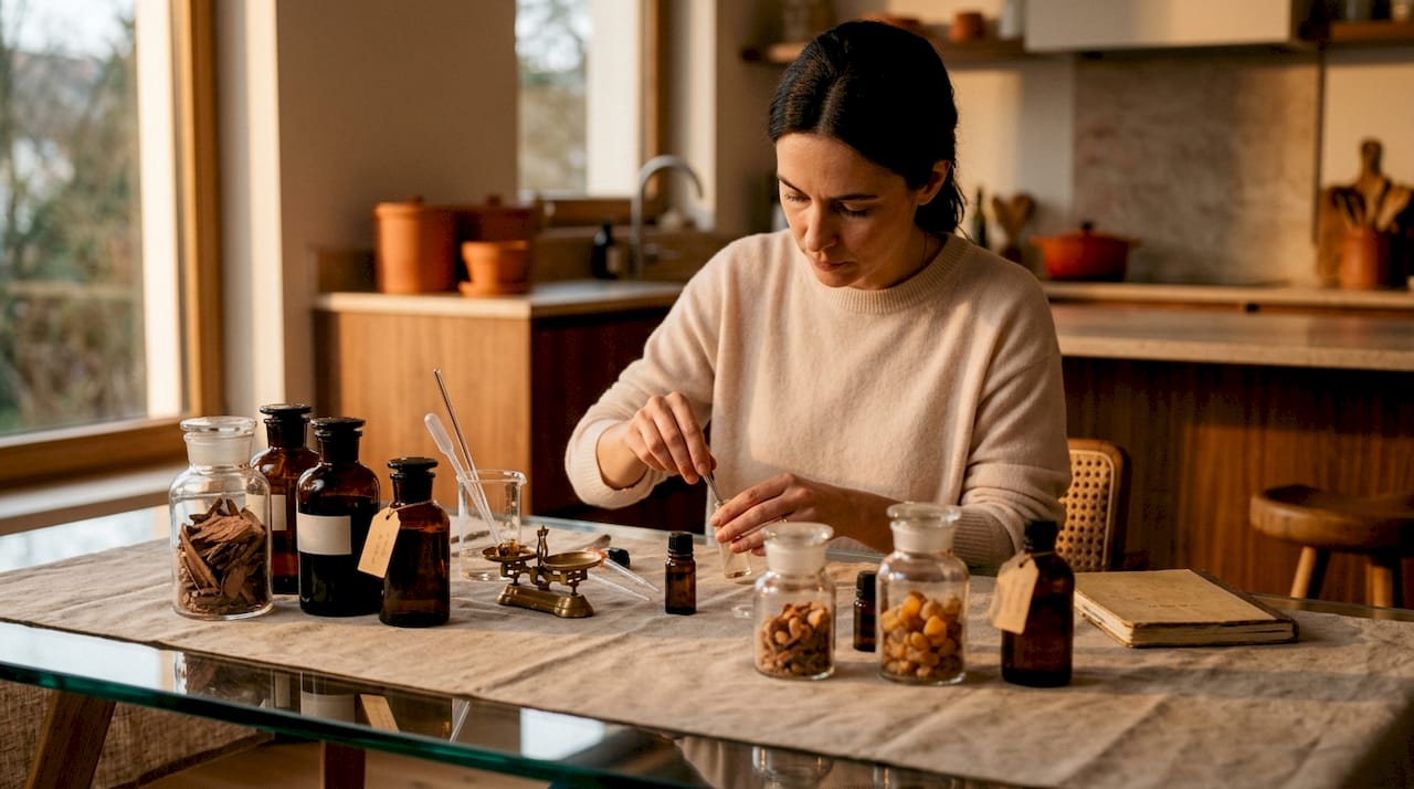 De handen van een parfumeur die zorgvuldig met geurige ingrediënten werkt