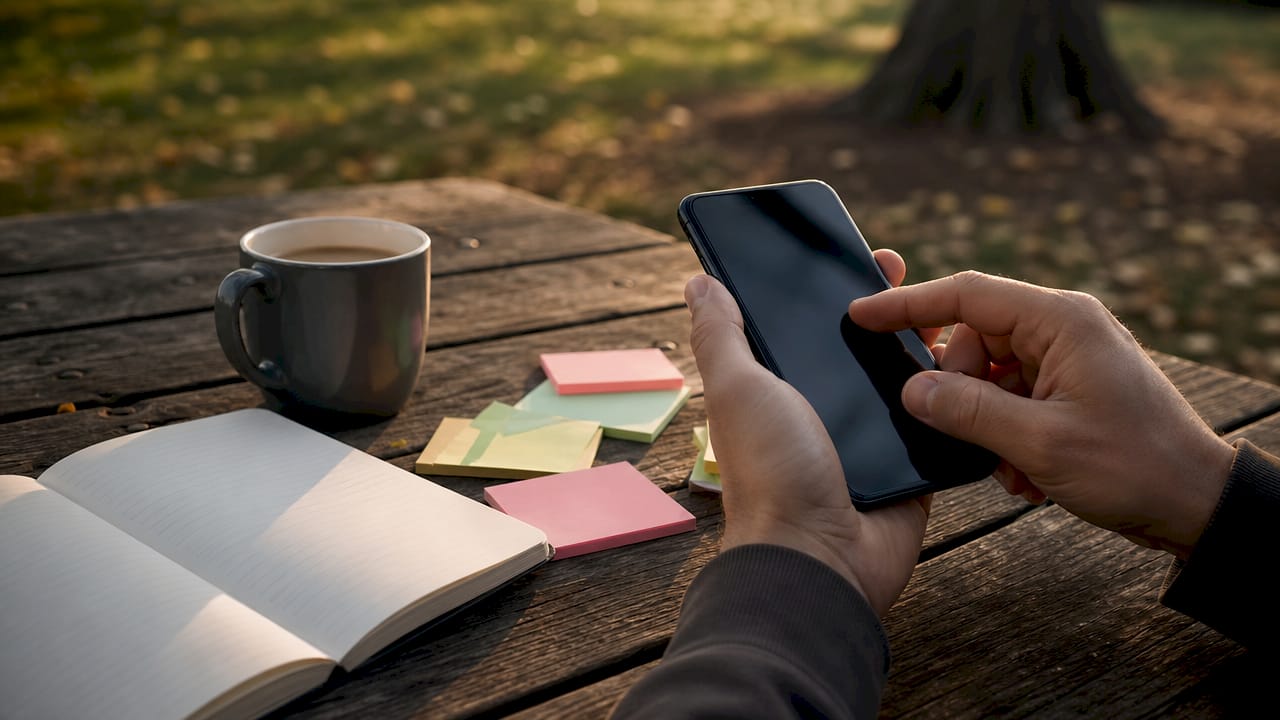 Im Café sitzt jemand entspannt und stöbert am Smartphone nach den neuesten Dufttrends.