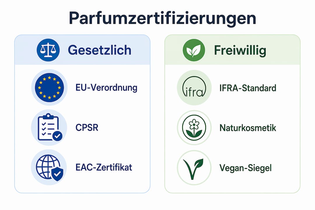 Infografik: Überblick über gesetzliche Vorgaben und freiwillige Zertifizierungen für Parfums