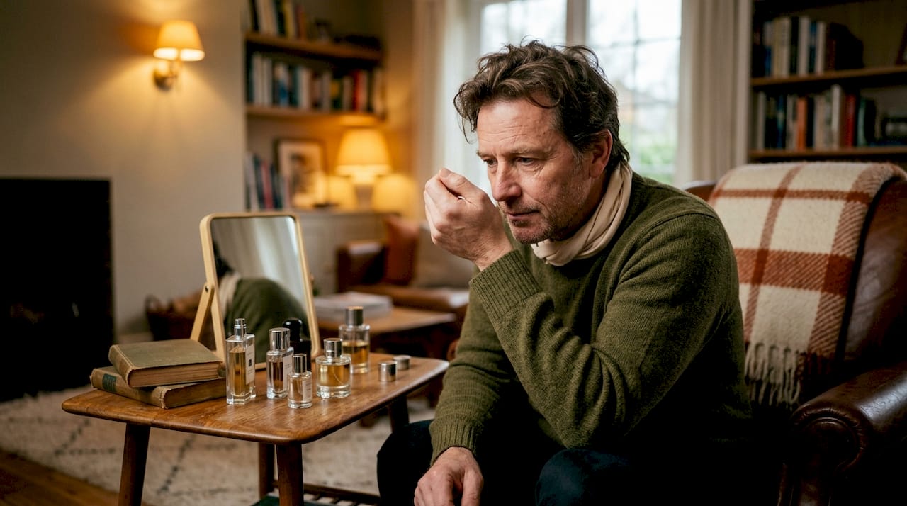 Man test geur van parfum op zijn pols in de kleedkamer