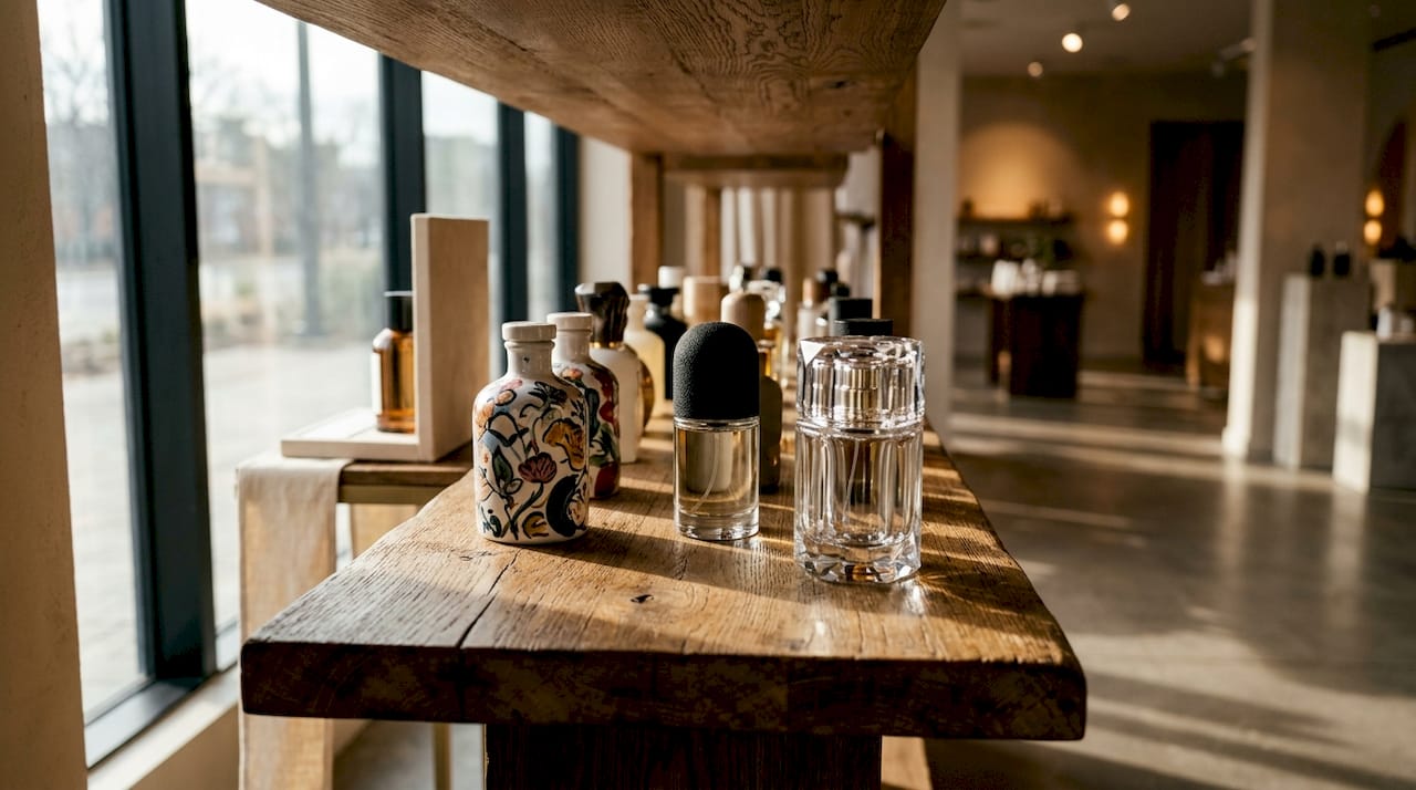 Een rij bijzondere limited edition parfumflesjes die mooi uitgestald staan op een plank.