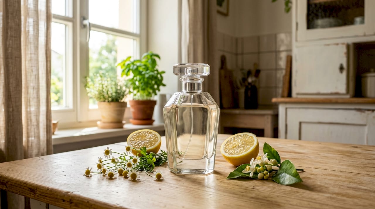 Ein eleganter Parfumflakon, umgeben von frischen Blättern und duftenden Blüten.