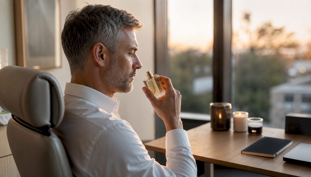 Ein Mann macht sich Gedanken darüber, wie der Duft das Ambiente im Wohnzimmer beeinflusst.