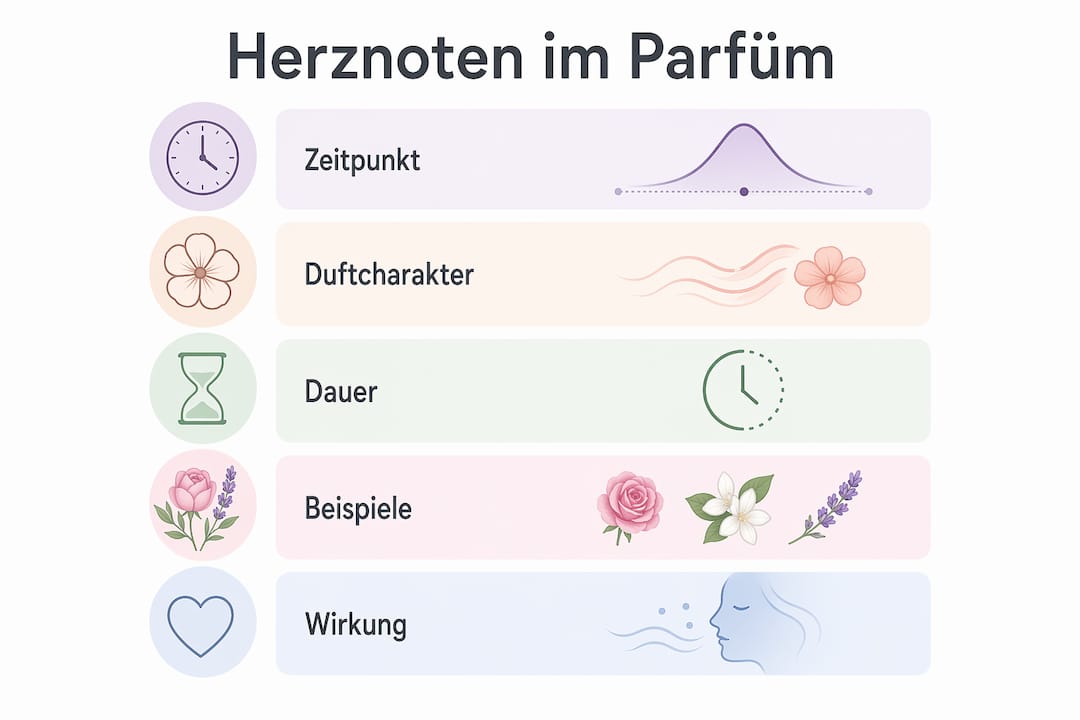 Grafik: Die wichtigsten Schritte auf dem Weg zur Herznote eines Parfüms im Überblick