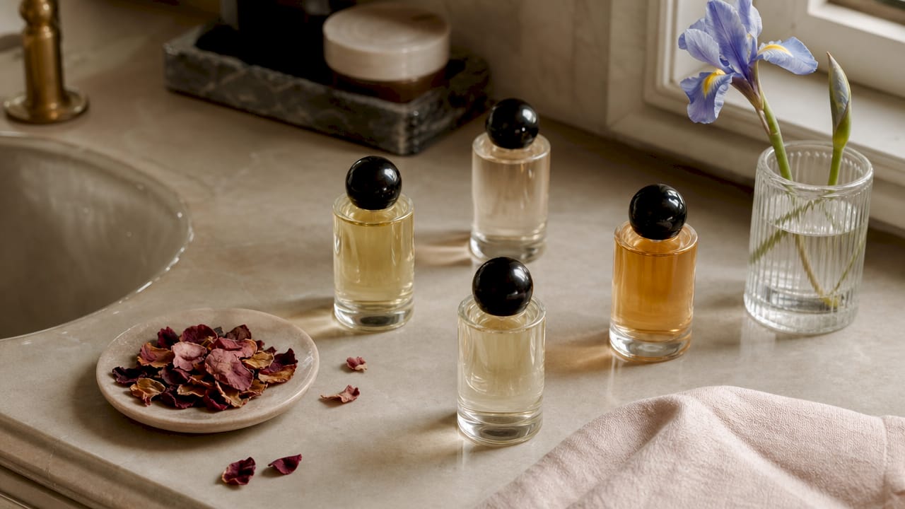 Op de toilettafel staan elegante parfumflesjes met poederachtige rozen- en irisgeuren.