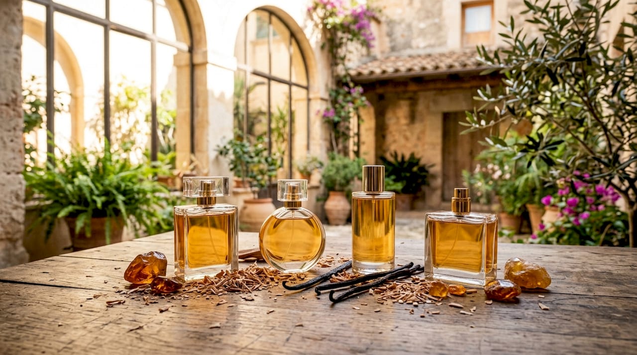 Detailreiche Aufnahme von edlen Parfumflakons, die mit ihren warmen Duftnuancen verführen.