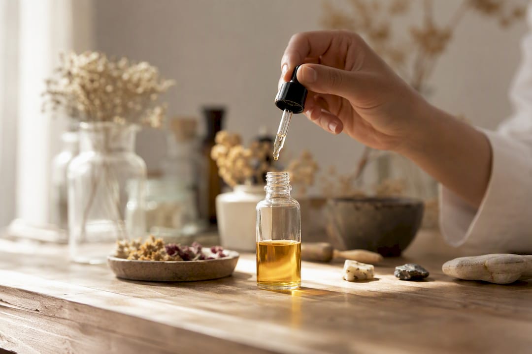 Een close-up van een pipet met amberkleurige olie, klaar om een vleugje geur toe te voegen.