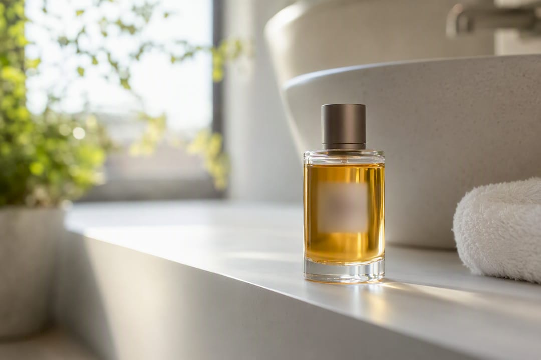 En flakon med olieparfume står flot placeret på hylden.