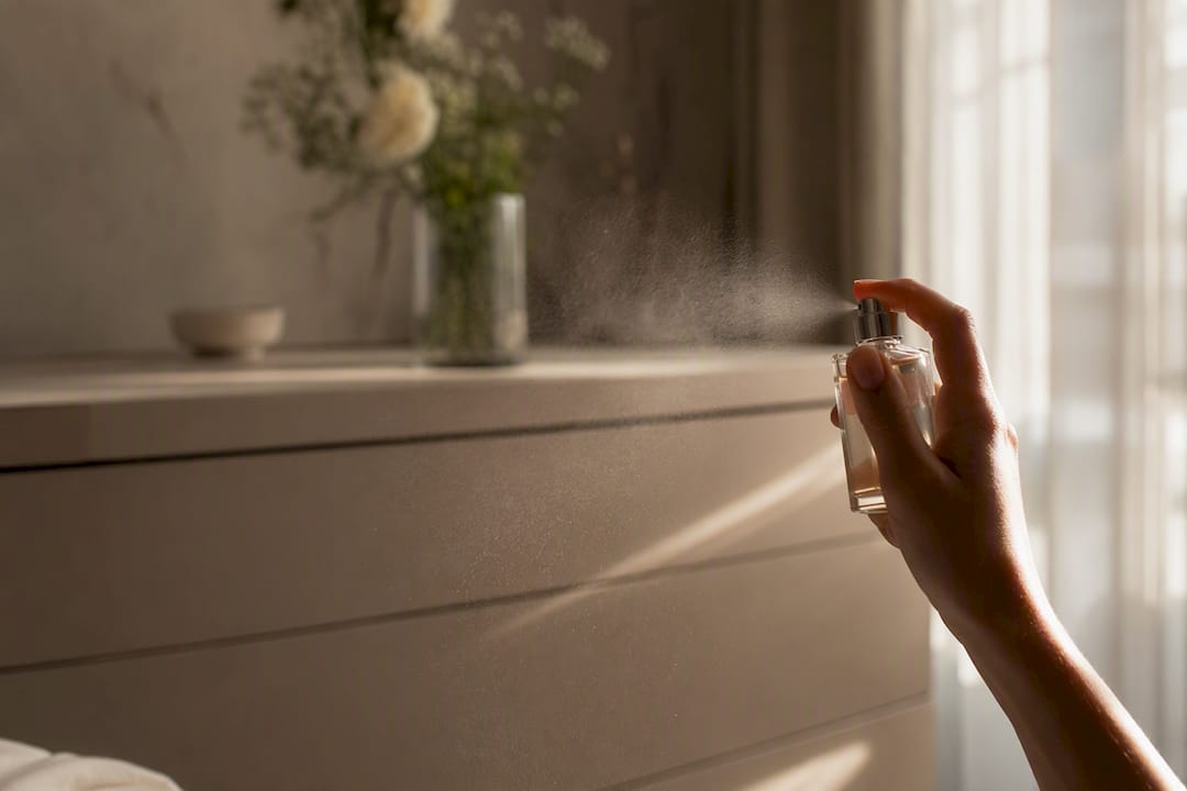 En hånd sprayer en let eau de toilette i solskinnet.