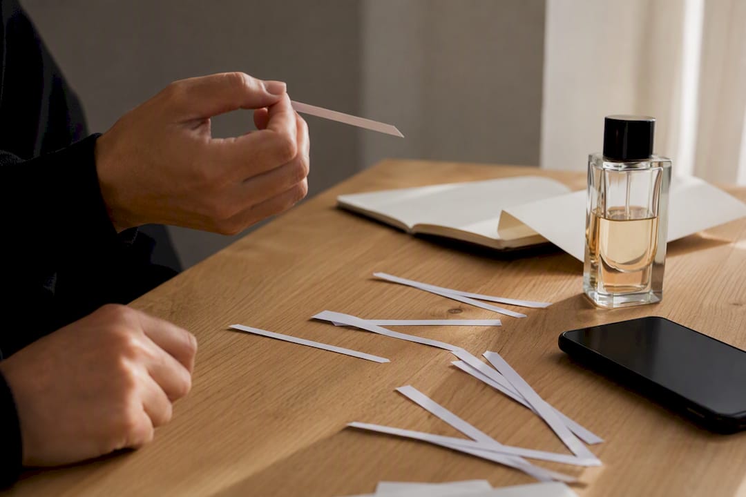 Parfumteststrips en smartphone op tafel