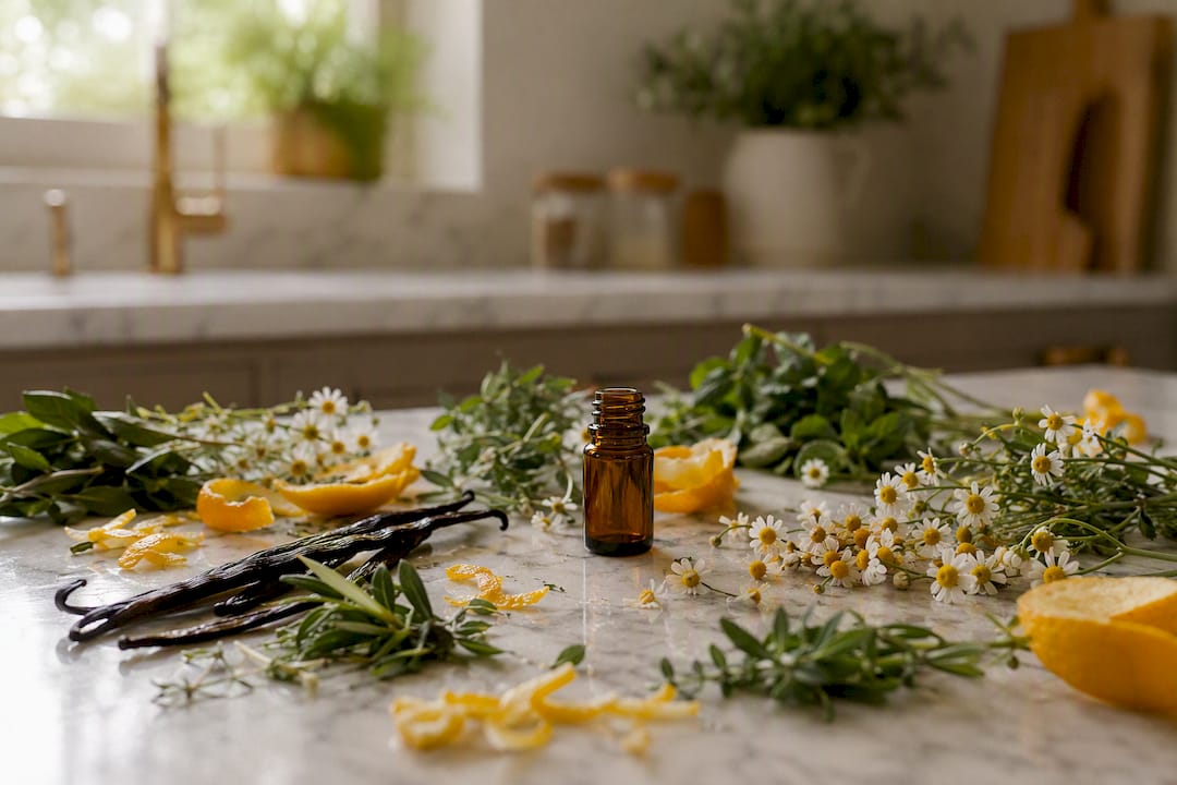 Natuurlijke vegan parfum ingrediënten op tafel