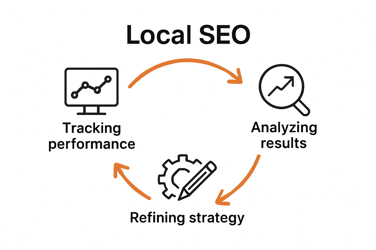 Infographic showing tracking, analyzing, and refining local search strategy for Florida SMBs.
