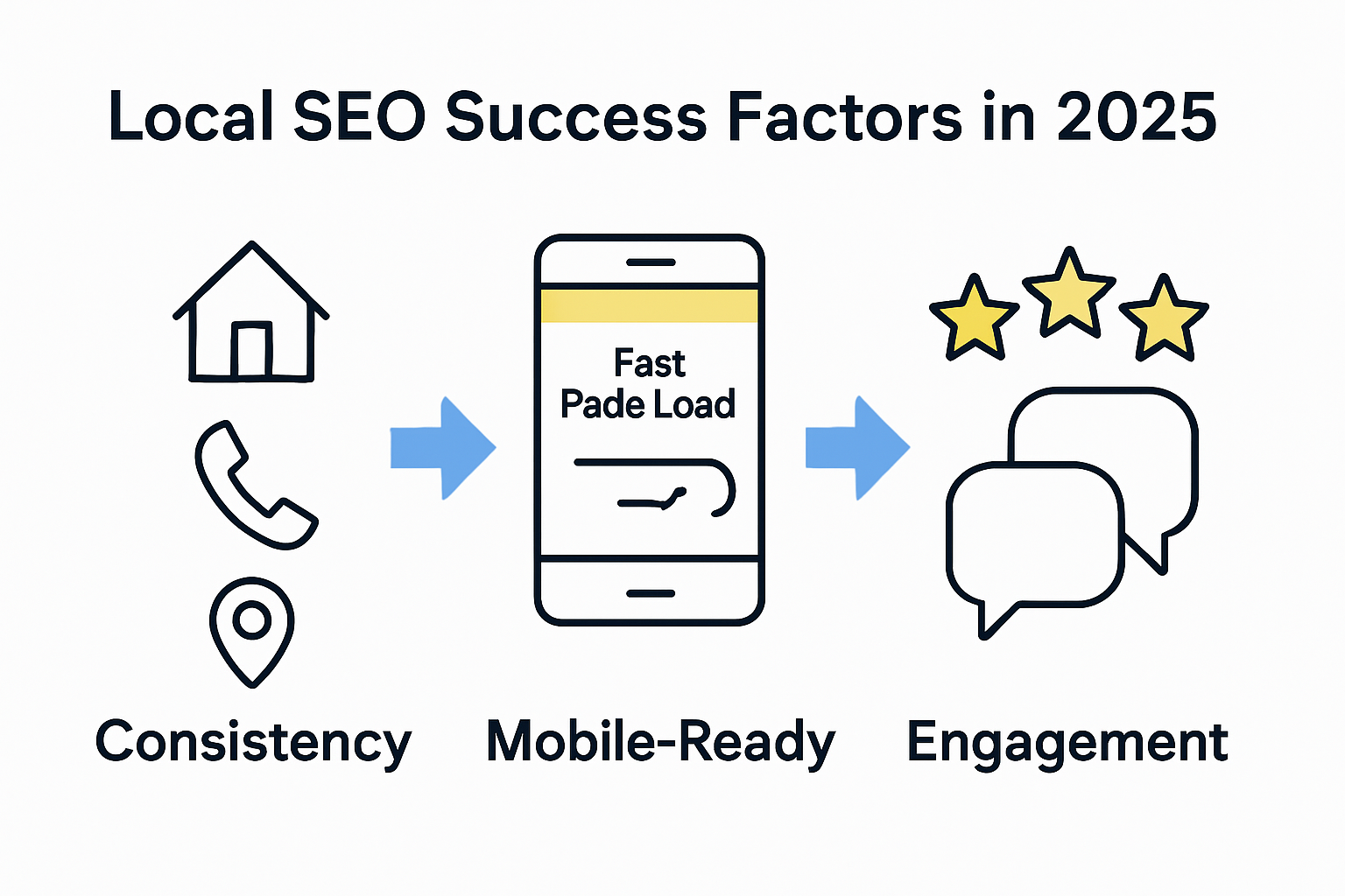 Infographic showing 2025 local SEO ranking factors: NAP consistency, mobile optimization, customer reviews.